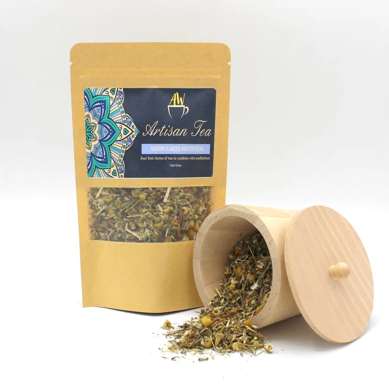 White foil pouch containing 50g mindfulness meditation tea