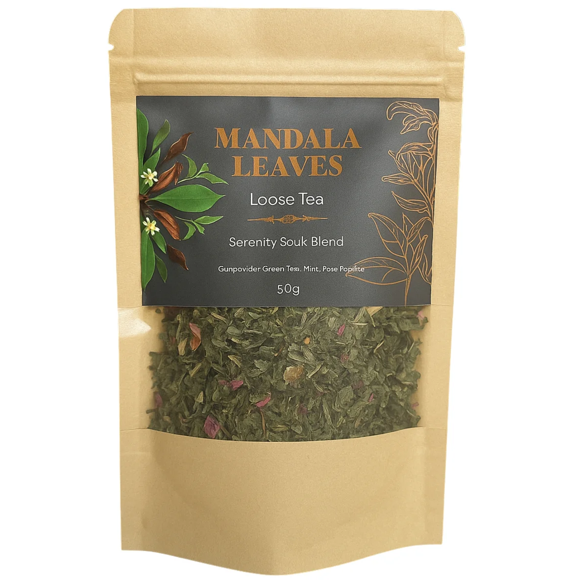 50g pack of Serenity Souk Blend herbal tea mix with loose leaves visible inside transparent packaging