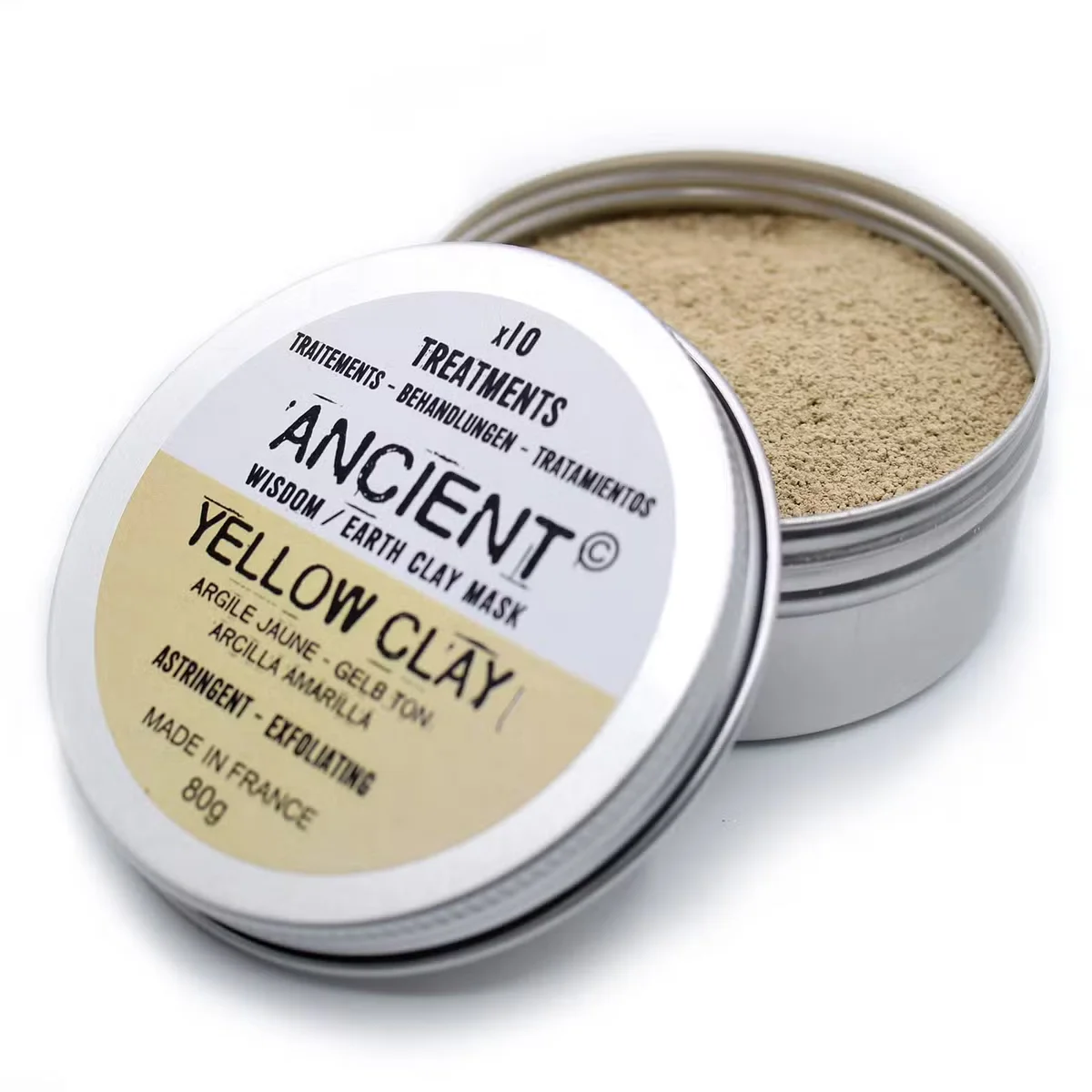 Yellow clay powder in a clear container, 80g, natural clay for skin care and beauty treatments.