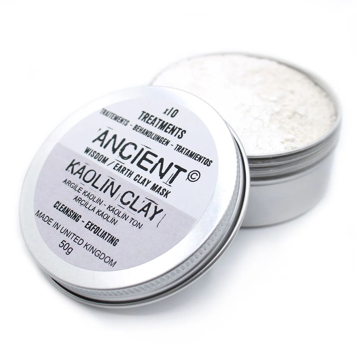Small transparent pouch filled with white kaolin clay 50g powder on plain white background