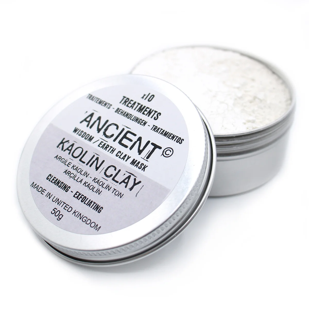 Small 50g jar of white kaolin clay powder for skincare clay mask use on a plain white background