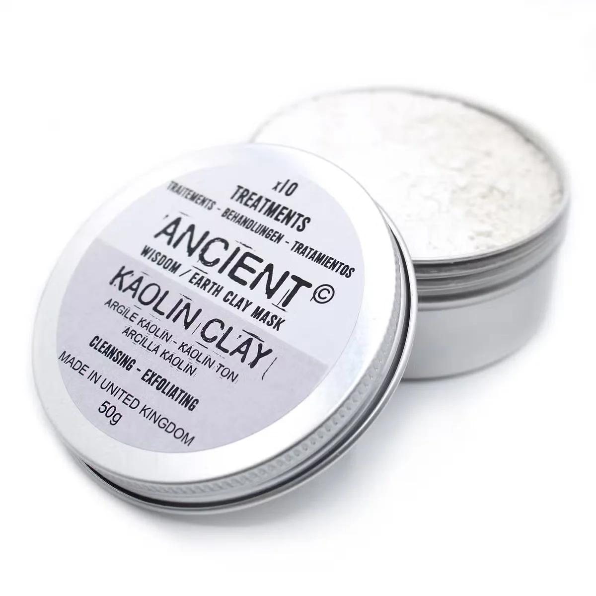 Small 50g jar of white kaolin clay powder for facial clay treatment on a plain white background