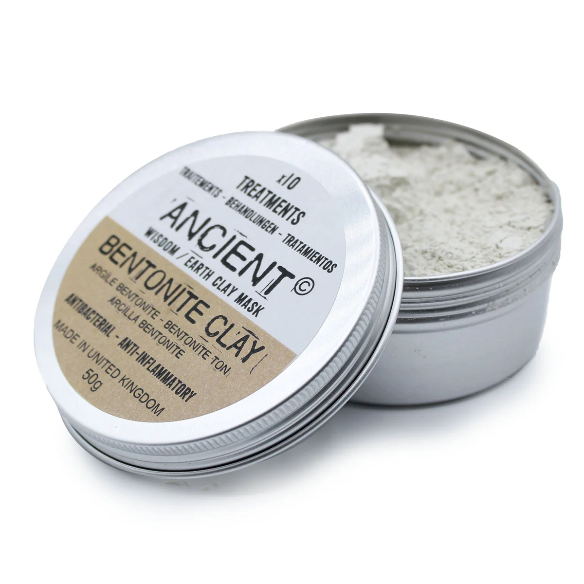 Small transparent jar filled with bentonite clay powder on a white background, 50g packaging visible