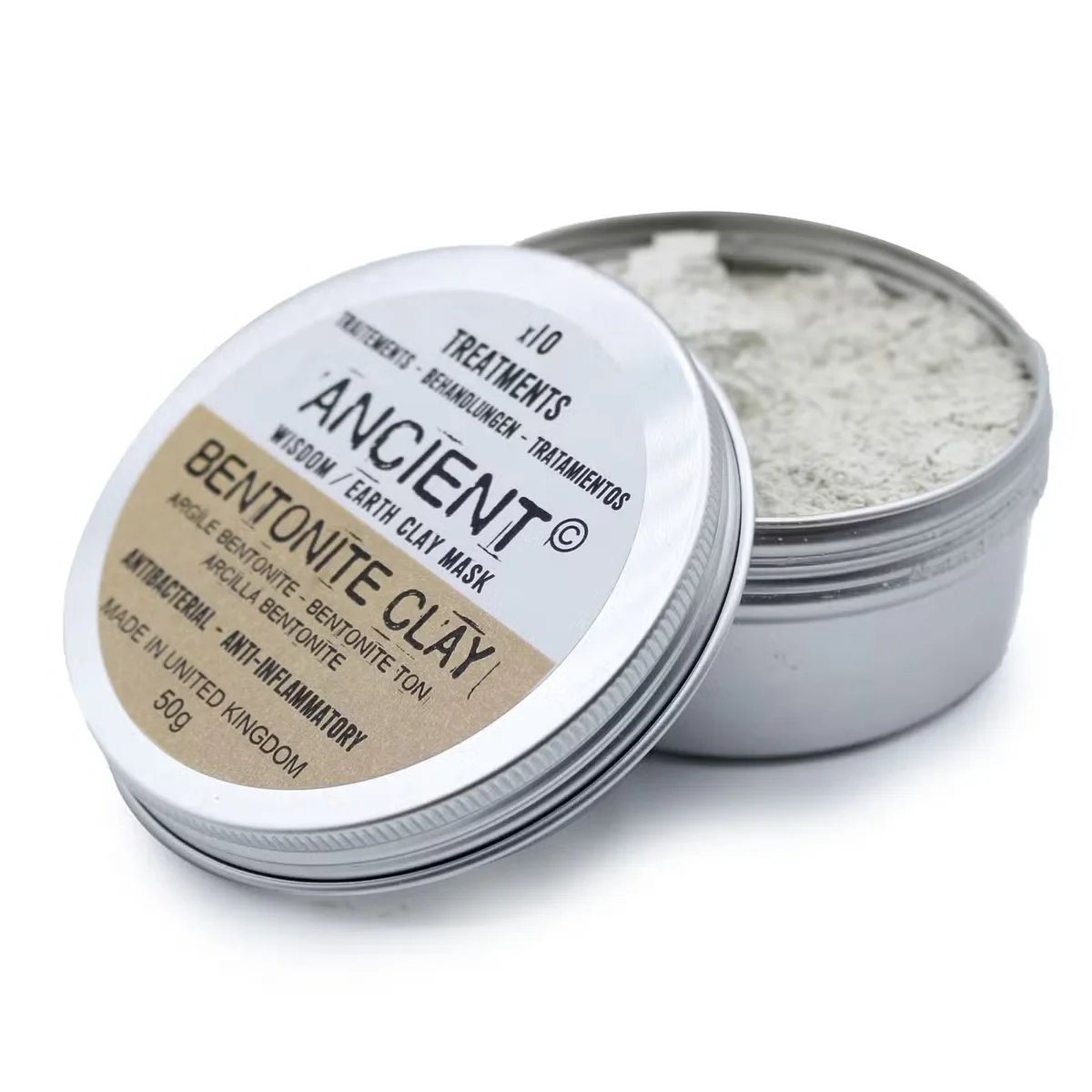 Small 50g jar of bentonite skin care clay with natural beige powder visible inside on plain background