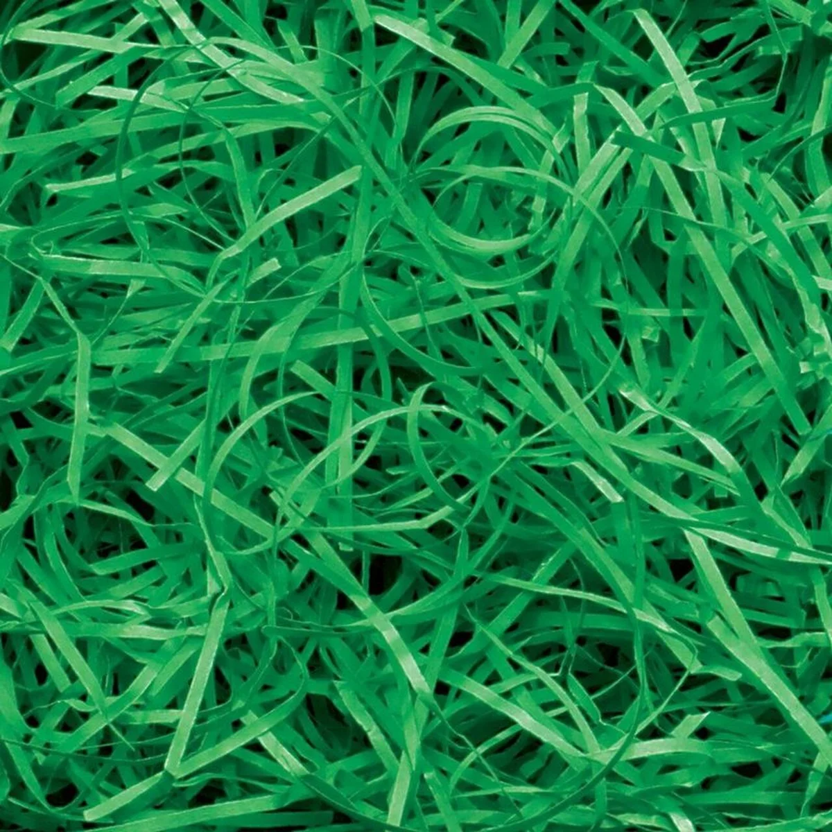 Pile of very fine green shredded paper weighing 0.5KG on a white background