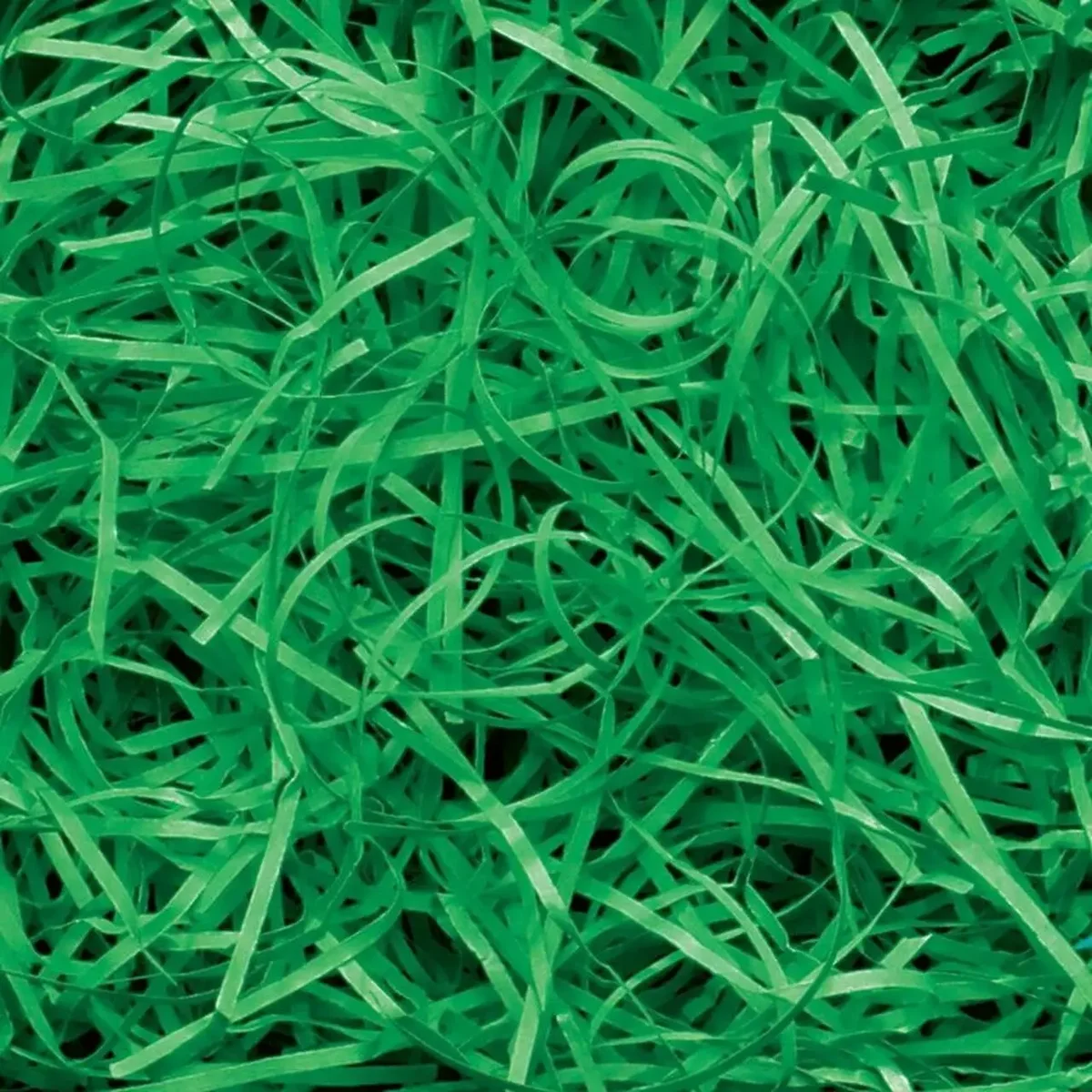 Pile of very fine shredded paper in green colour weighing 0.5KG for crafting or packaging purposes