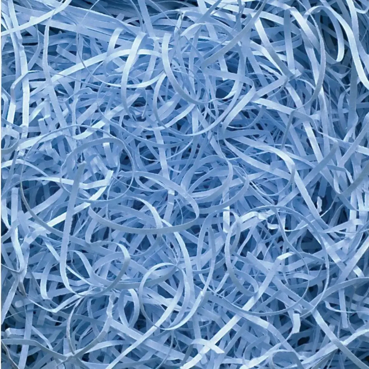 Pile of very fine sky blue shredded paper weighing 0.5KG on a white background