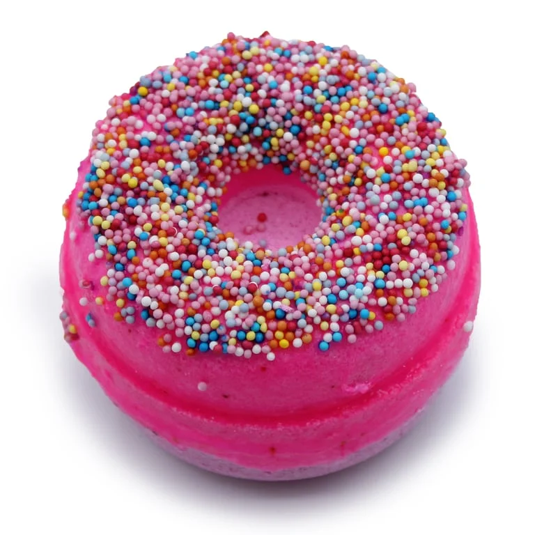 Raspberry bath donuts displayed in a bathtub, colourful fruit‑shaped rings for bath décor.