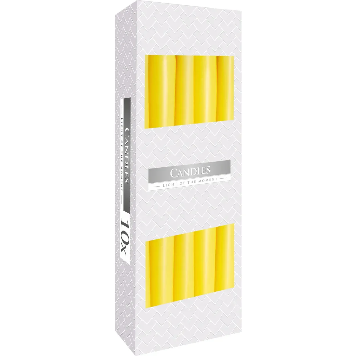 Single yellow decorative taper candle against a white background