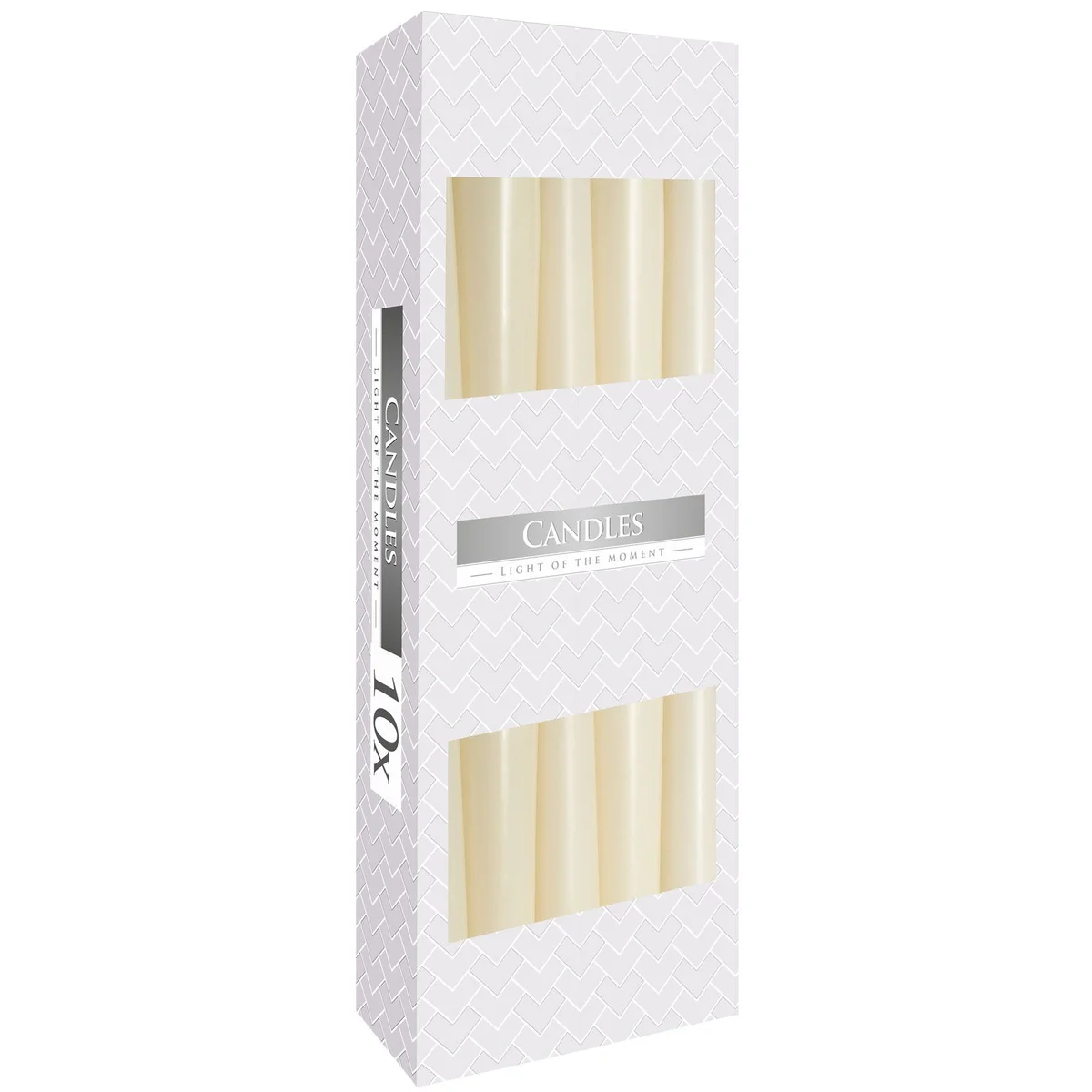 Single ivory taper candle standing upright on a plain background for home decor or events
