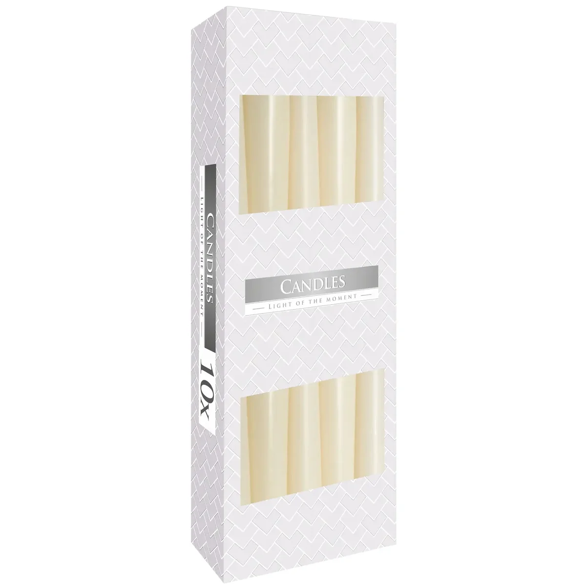 Ivory decorative taper candle standing upright with smooth surface on plain background