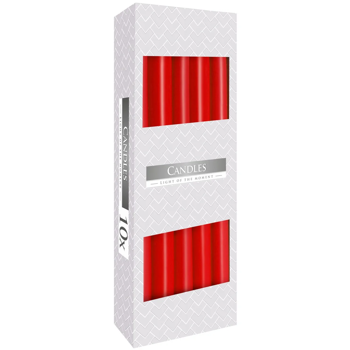 Single red taper candle with a smooth finish standing upright on a white background