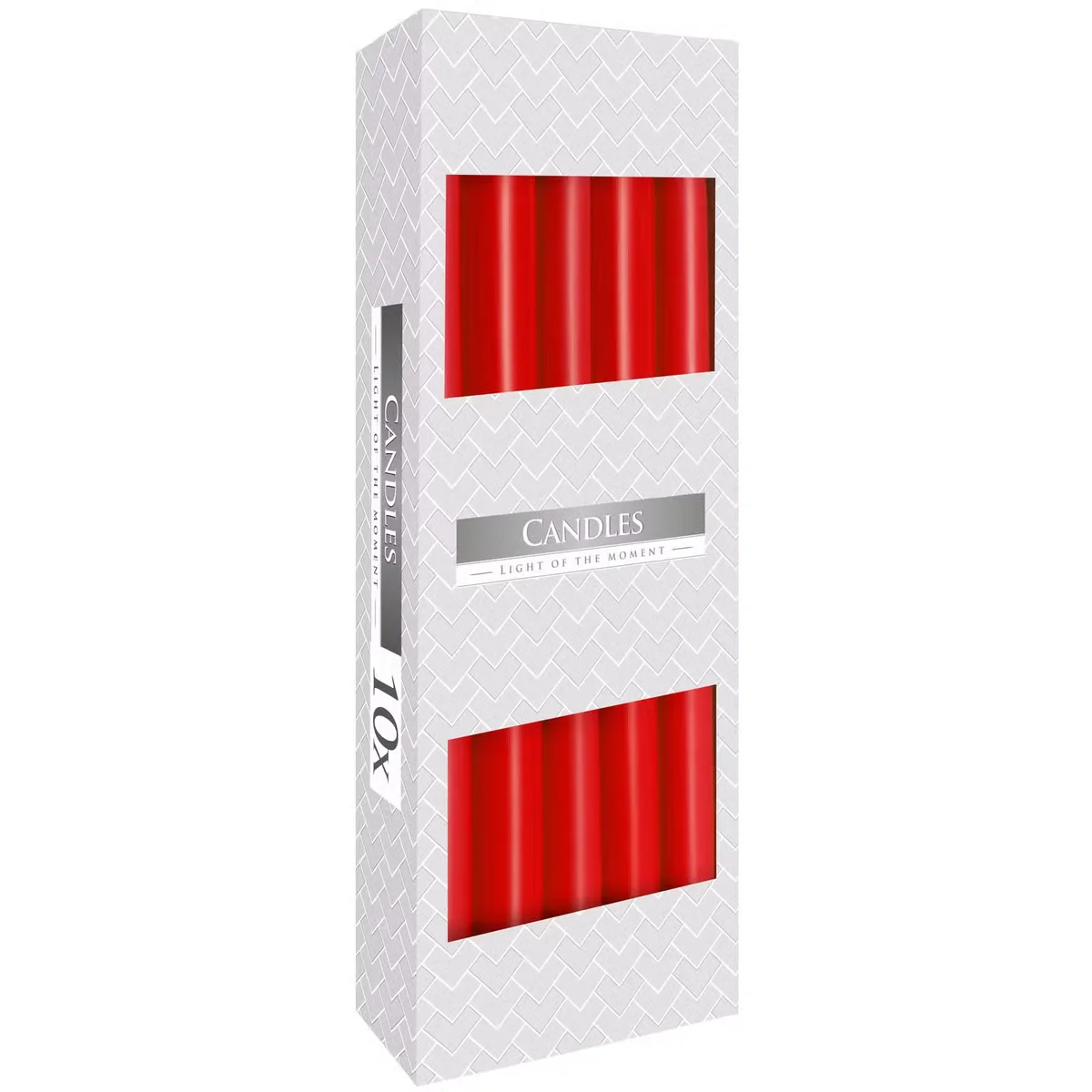Red taper candle standing upright, showcasing a long burning candle ideal for elegant decor or lighting.
