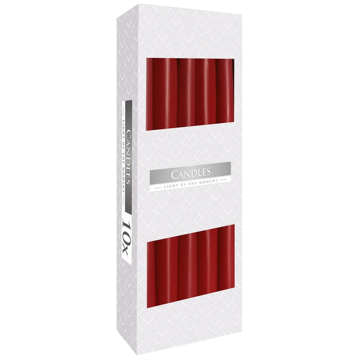 Single burgundy taper candle standing upright on a white background
