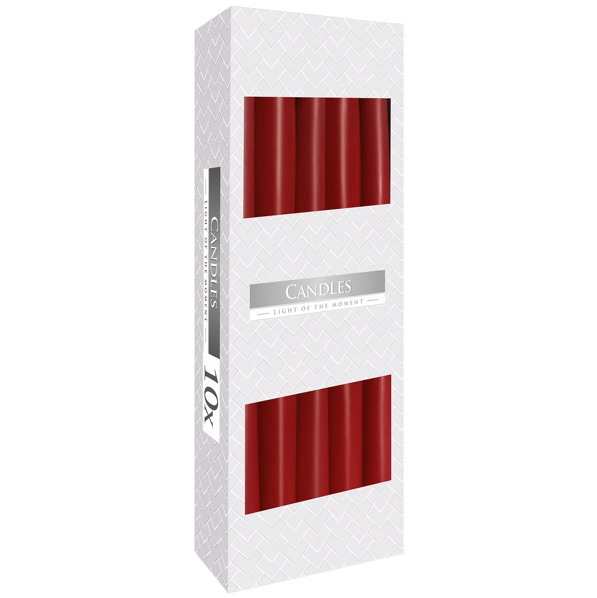 Single burgundy candle with a tapered shape standing upright on a white background