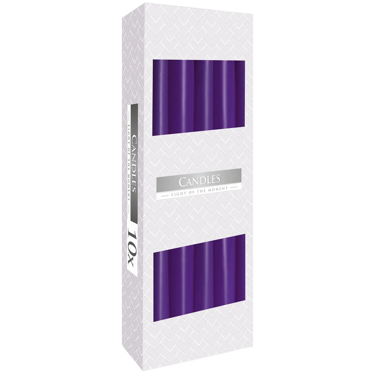 Single lavender taper candle standing upright with smooth surface and unlit wick on plain background