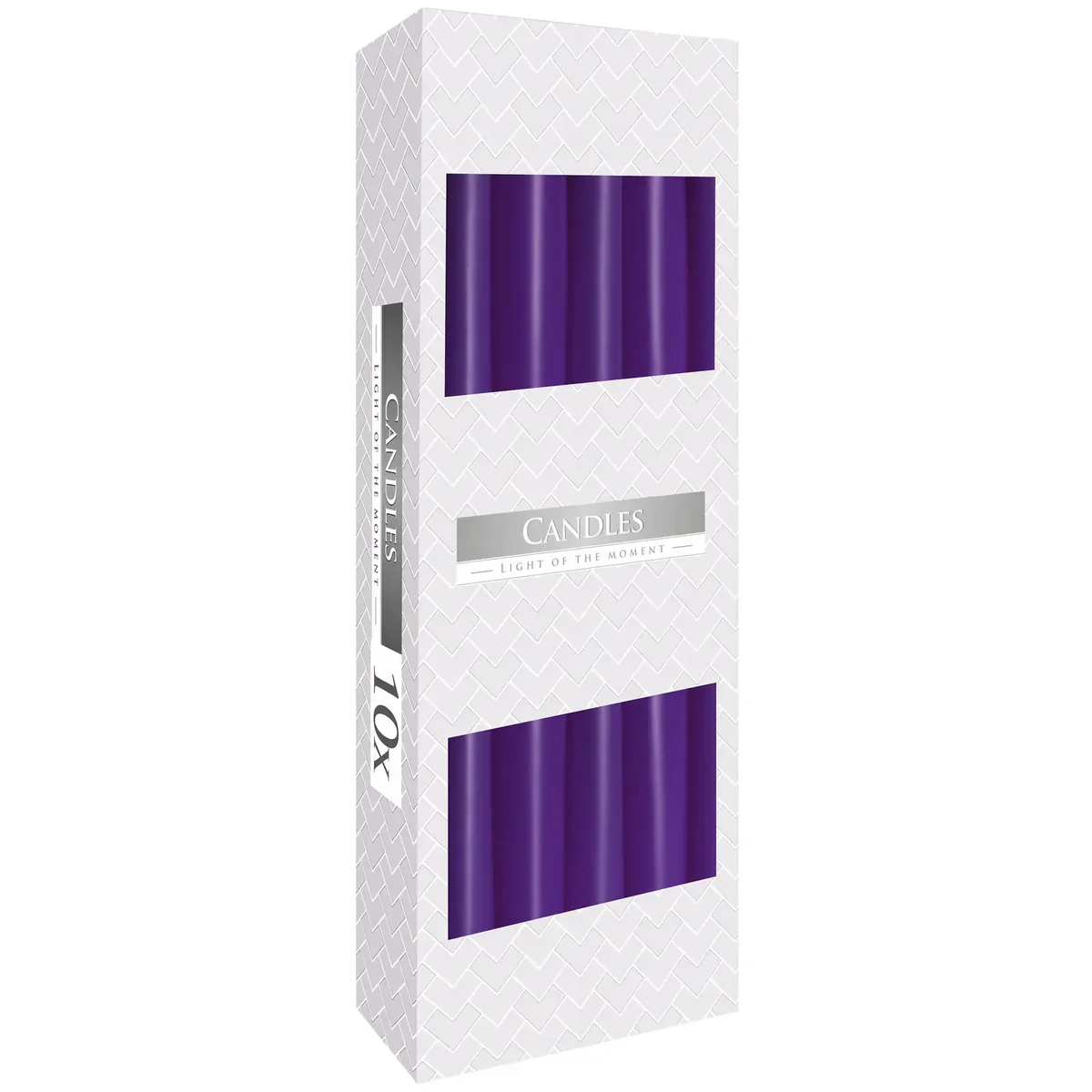 Lavender scented taper candle standing upright with smooth surface and soft purple hue on plain background