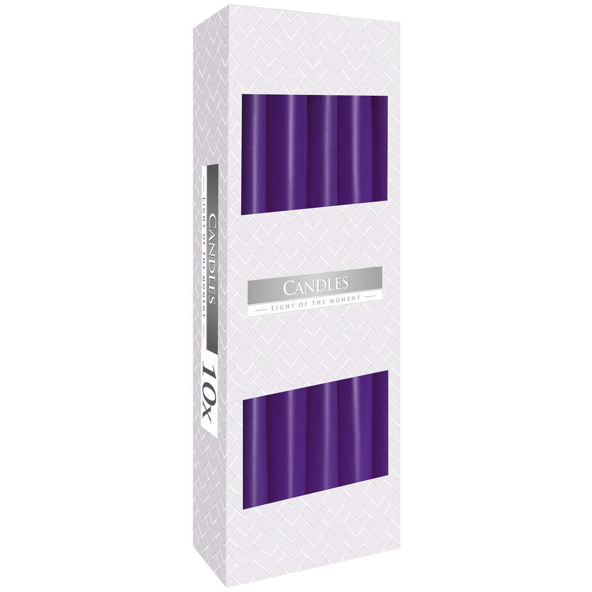 Decorative lavender candle taper style with a smooth surface and soft purple hue on a white background