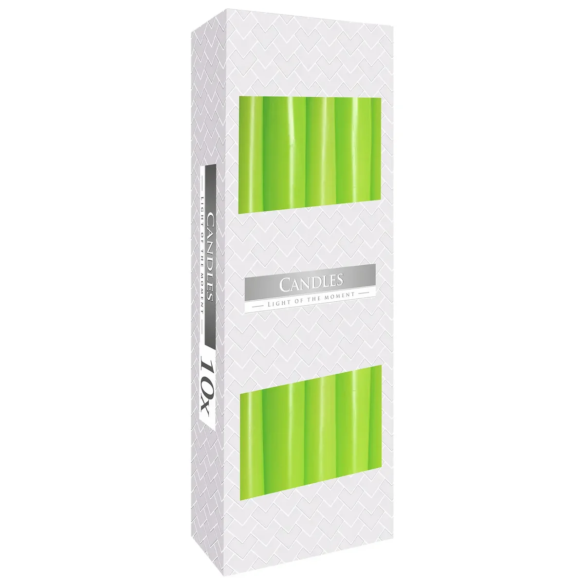 Green decorative taper candle standing upright with smooth surface on plain background