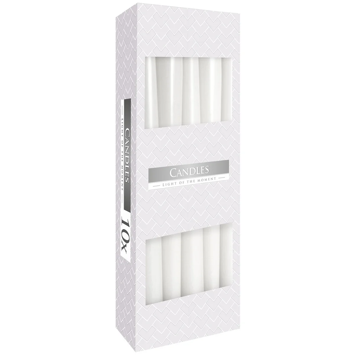 Single white taper candle standing upright on a plain background, smooth and unlit