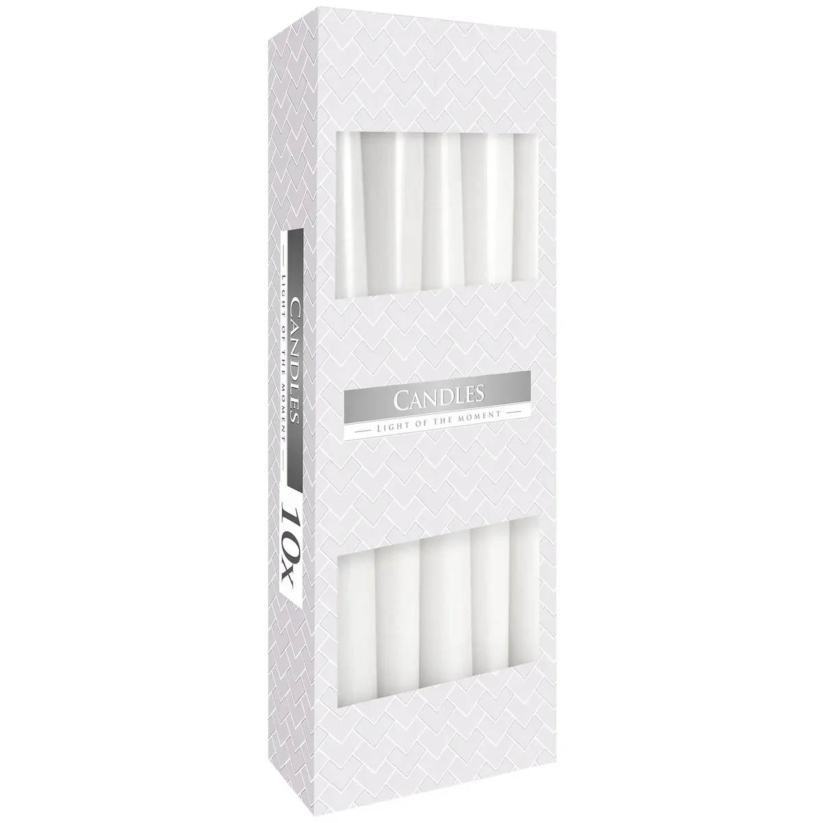 Long white candle taper with smooth surface and unlit wick against a plain background