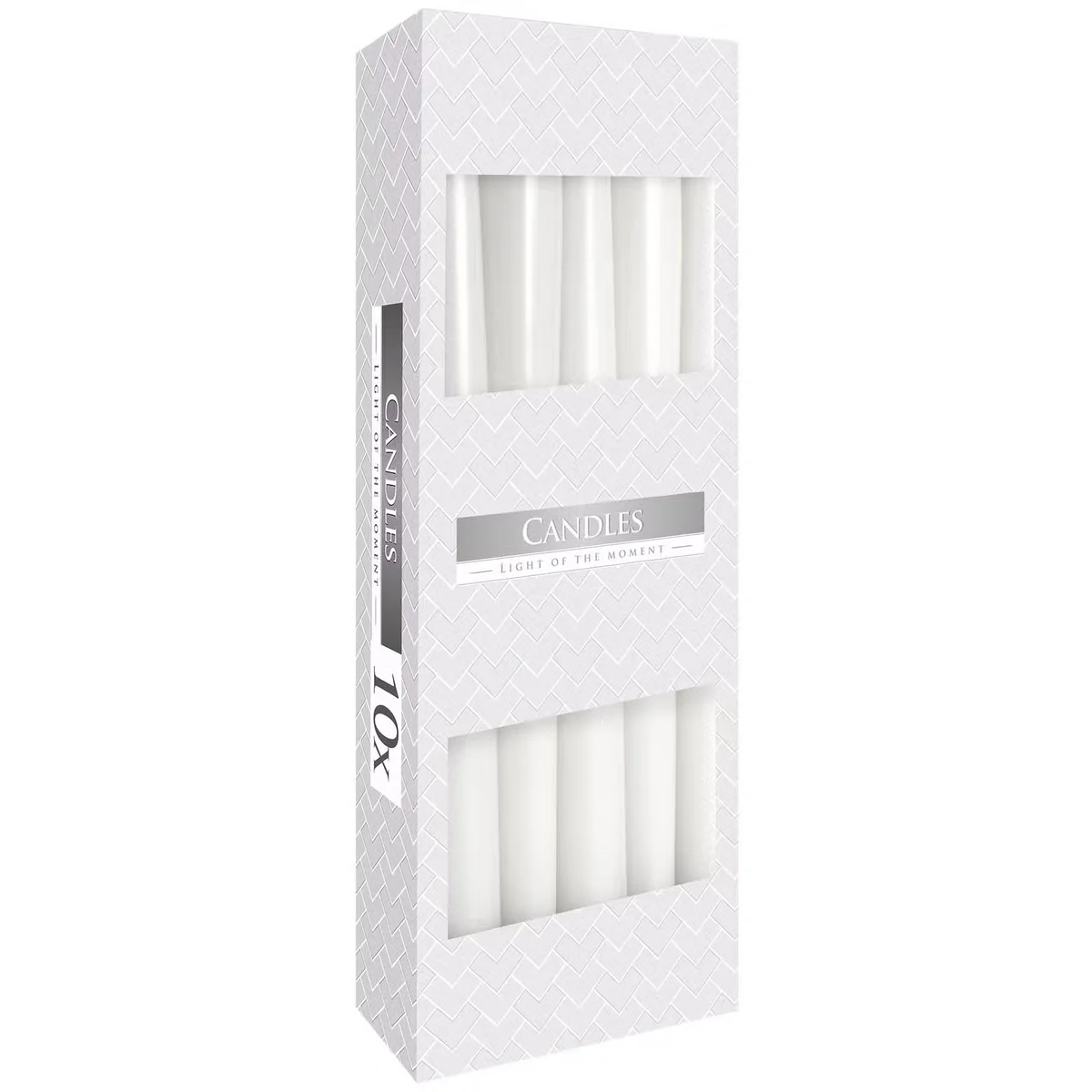 Classic white candle taper standing upright against a plain background, showing its smooth, slender shape