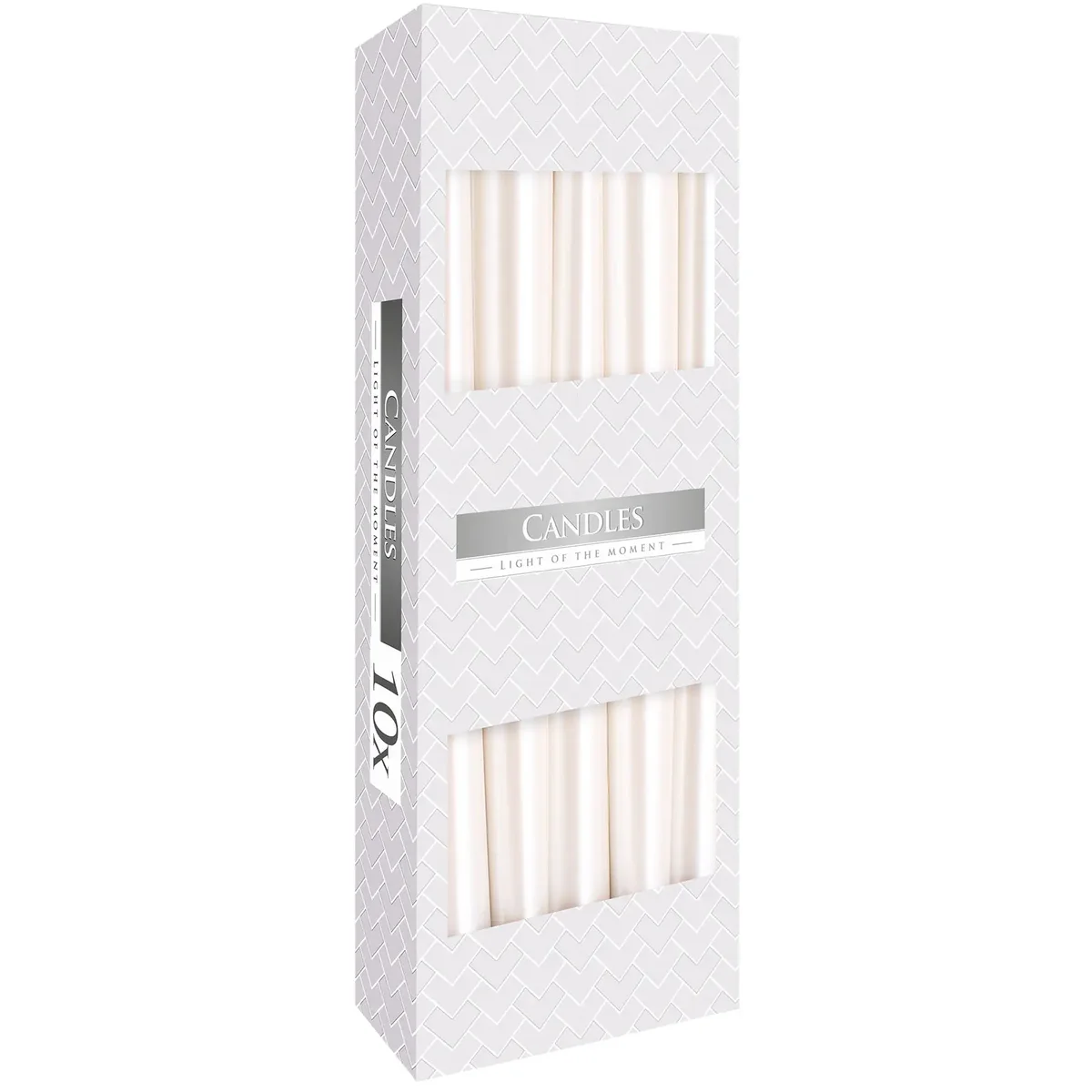 Pearl decorative taper candle standing upright with smooth, glossy finish on a white background
