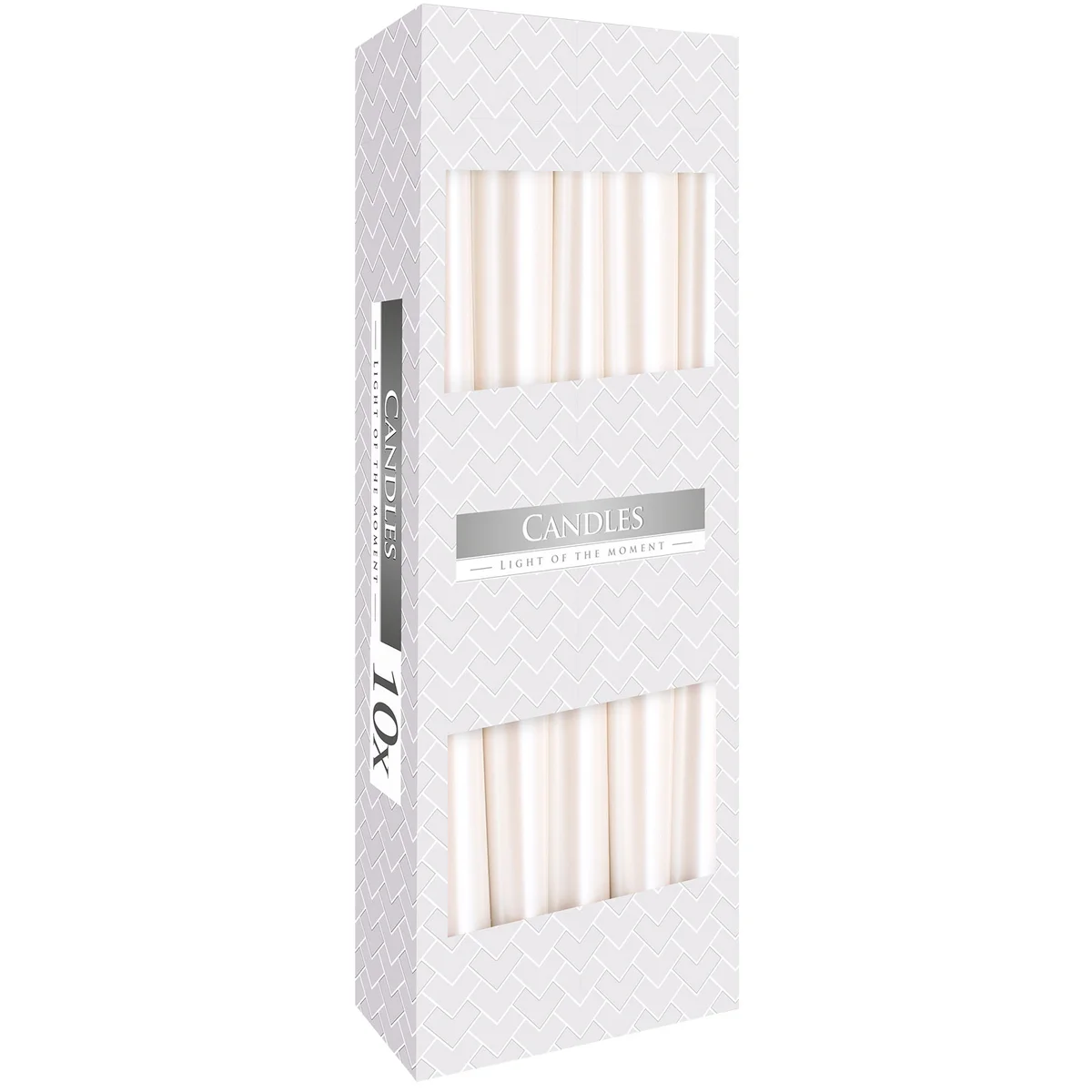 Pearl coloured candle in a classic taper shape with a smooth, glossy finish on a plain background