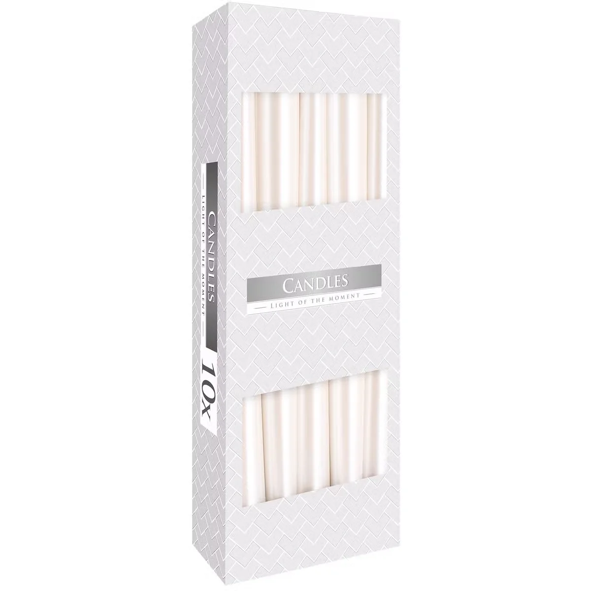 Pearl taper candle standing upright, elegant home decor candle with smooth, glossy finish on white background