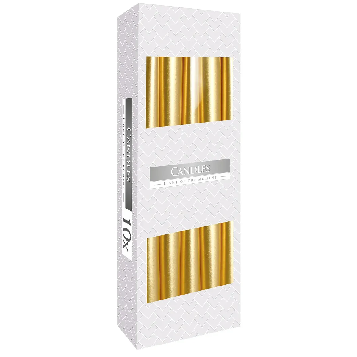 Single gold decorative taper candle with smooth surface and unlit wick on plain background