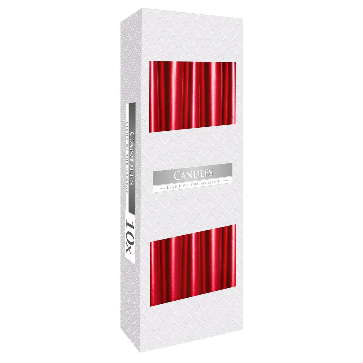 Red metallic taper candle standing upright with a smooth, shiny surface on a white background