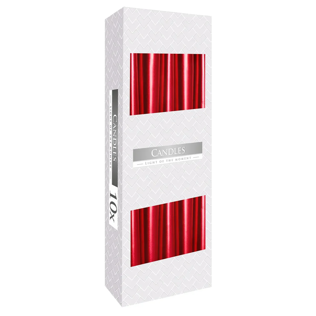 Red metallic taper candle standing upright with smooth shiny surface on plain background