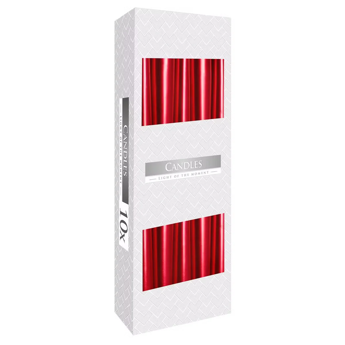 Red metallic taper candle standing upright, ideal red candle for decor on tables or mantels