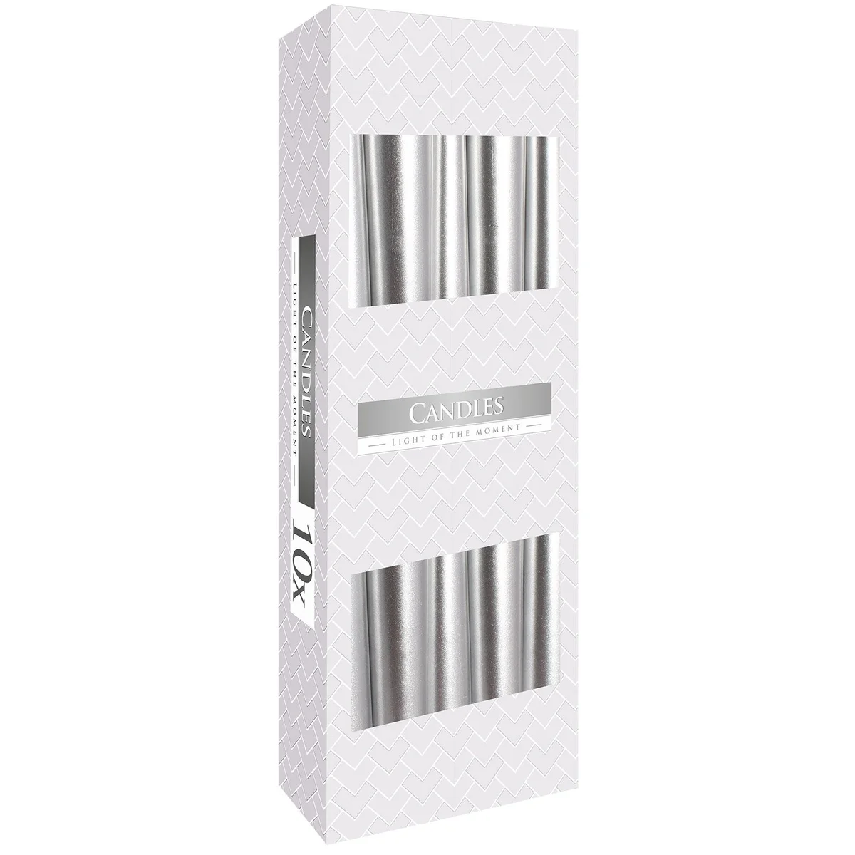 Single silver taper candle with metallic finish standing upright on a white background