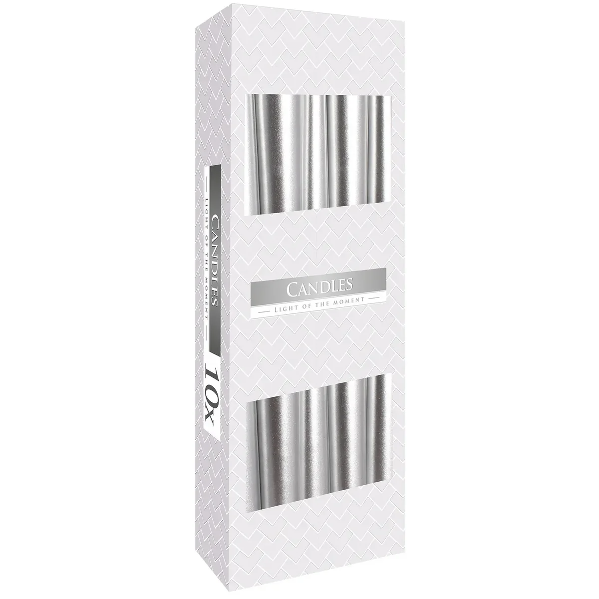 Single silver metallic taper candle standing upright on a plain white background