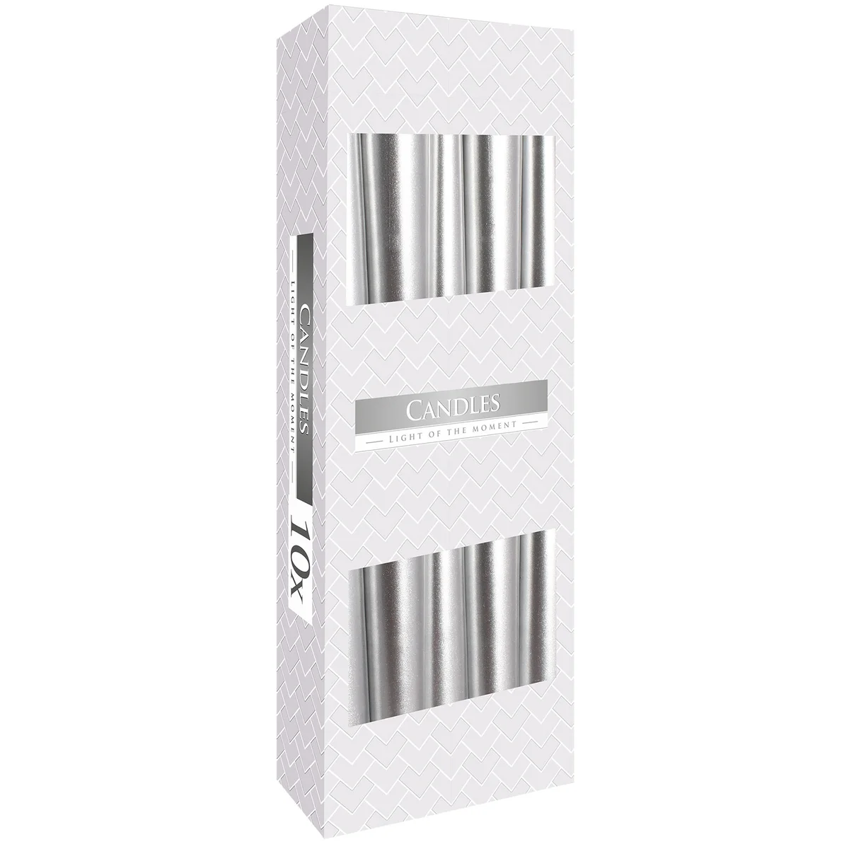 Silver decorative candle in taper shape with metallic finish against plain background, shown from side angle