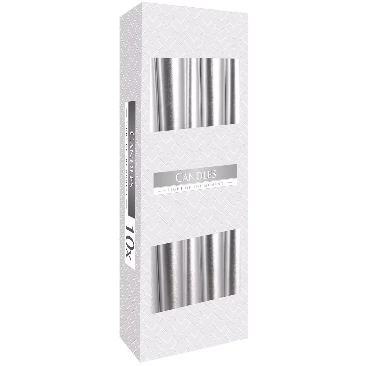 Silver metallic taper candle standing upright, ideal home decor candle for elegant settings, third product image view
