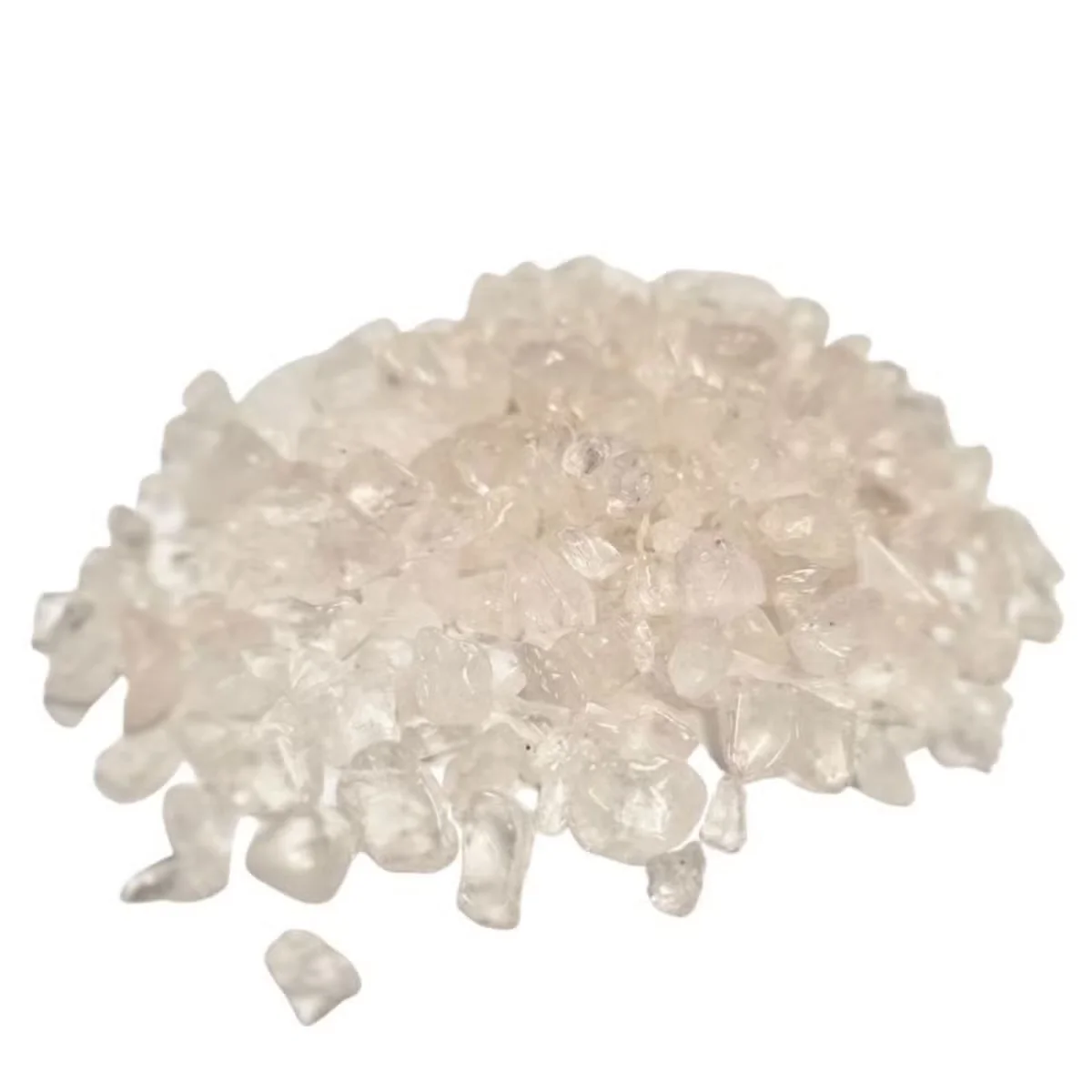 Close-up of clear quartz decorative gemstone chips in bulk, showing translucent white irregular shapes, 1KG pack