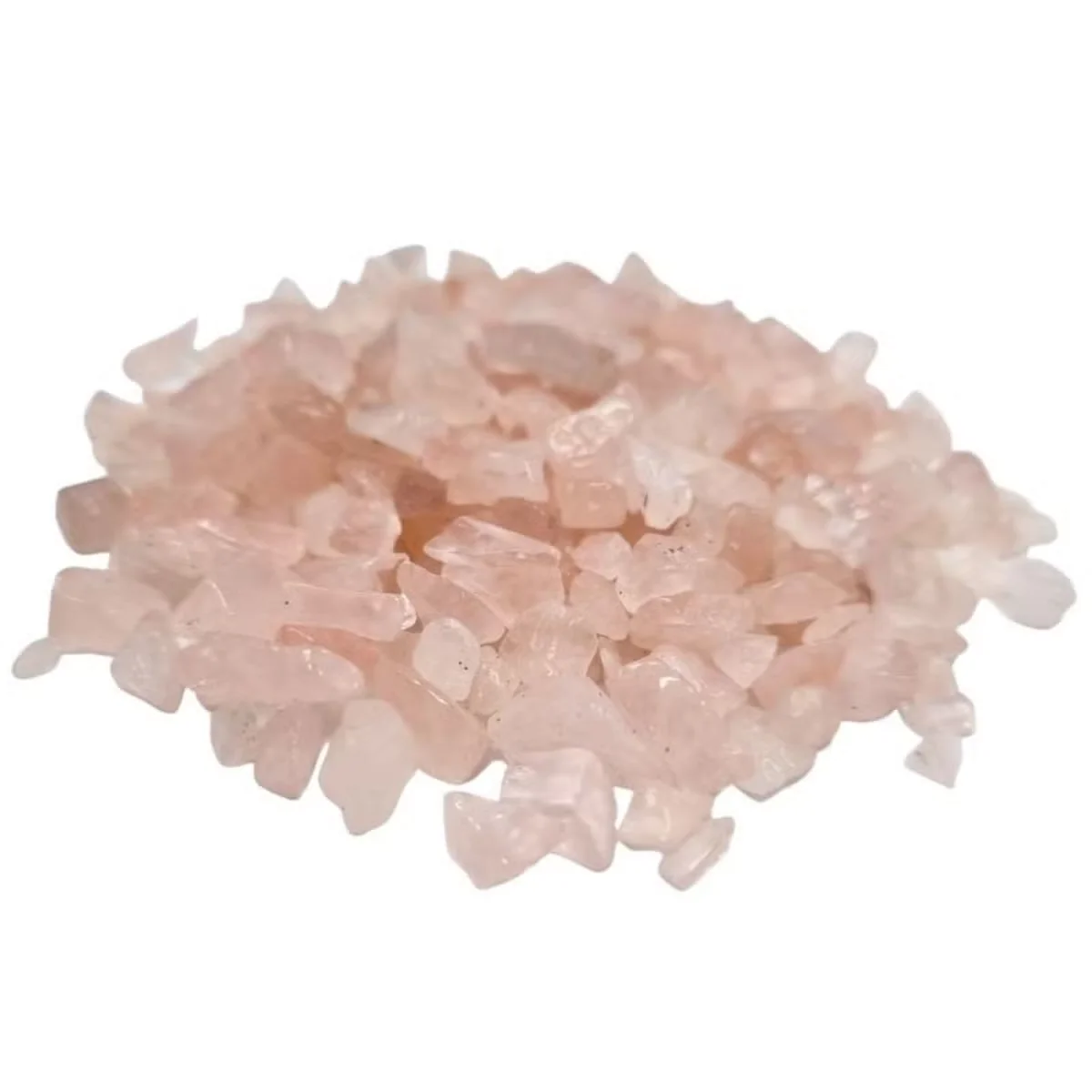 Close-up of 1kg gemstone chips in soft pink rose quartz, showing irregular chip shapes and smooth surfaces