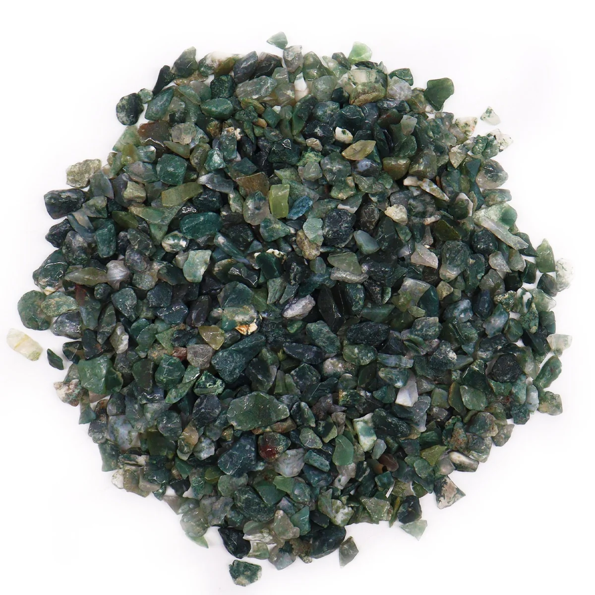 Close-up of 1KG bulk moss agate gemstone chips showing green and white natural stone fragments