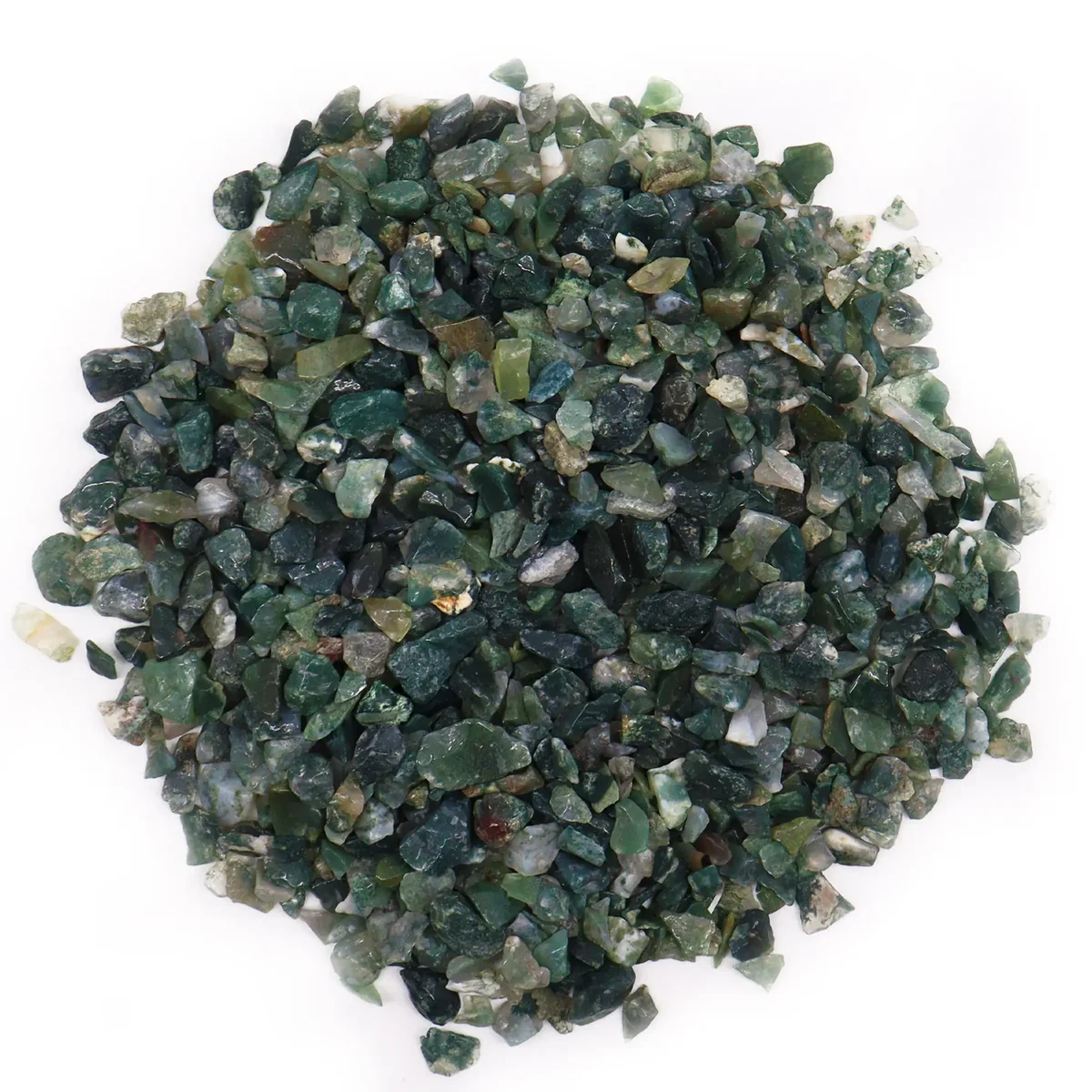 Bulk gemstone chips in green and white hues, identified as Moss Agate, displayed in a 1KG quantity.