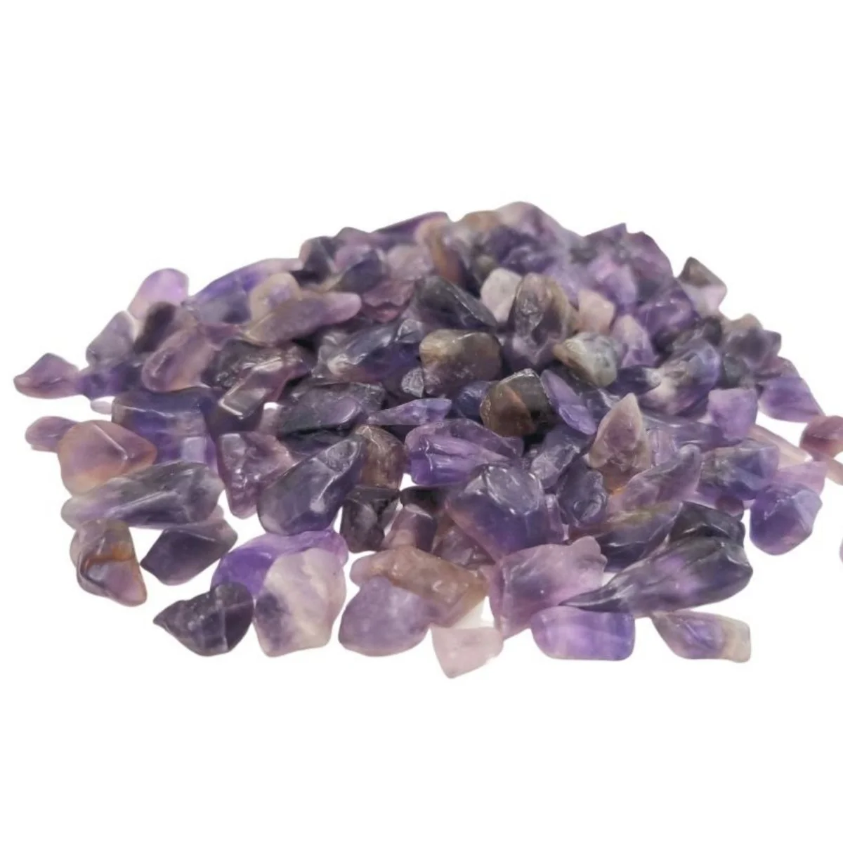 Pile of natural amethyst stones in small chip form, bulk 1KG, showcasing purple hues and rough textures