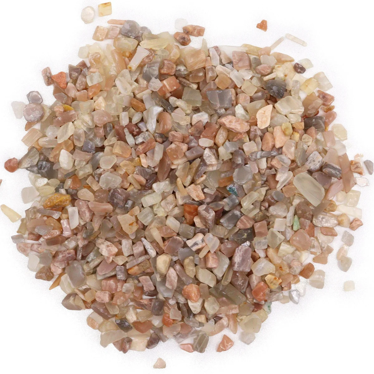 Close-up of 1KG bulk moonstone gemstone chips in various pale colors and irregular shapes on white background