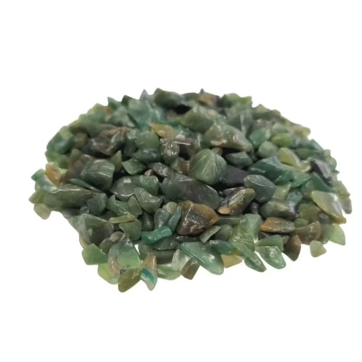 Close-up of green Avenurine decorative gemstone chips in bulk 1KG pile with varied shapes and smooth surfaces