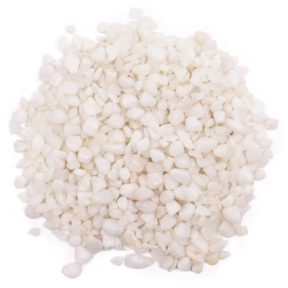 Close-up of white quartz stones gemstone chips in bulk weighing 1KG on a plain background