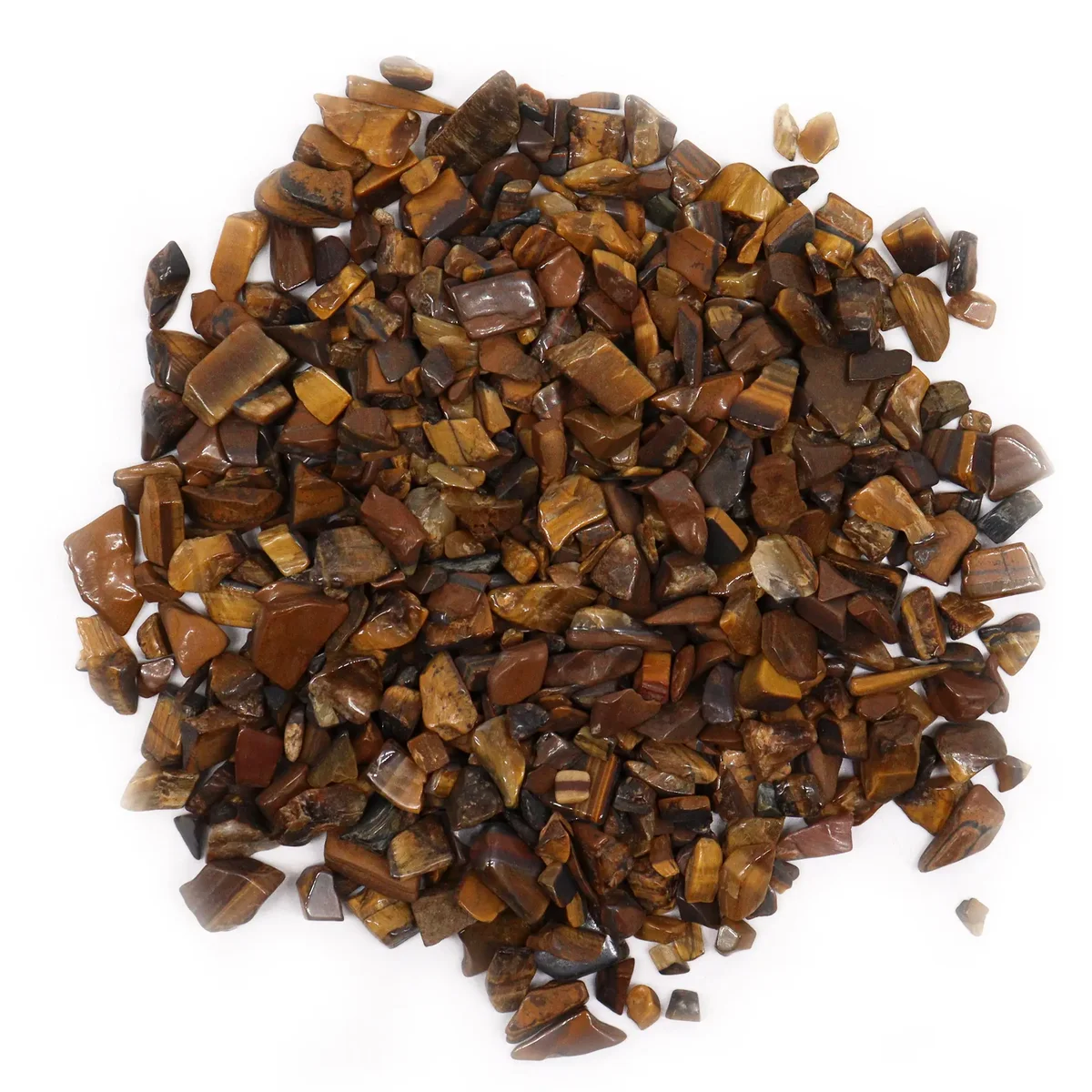 Bulk tiger eye gemstone chips in a 1kg pile showing polished brown and gold striped stones for crafting and decoration