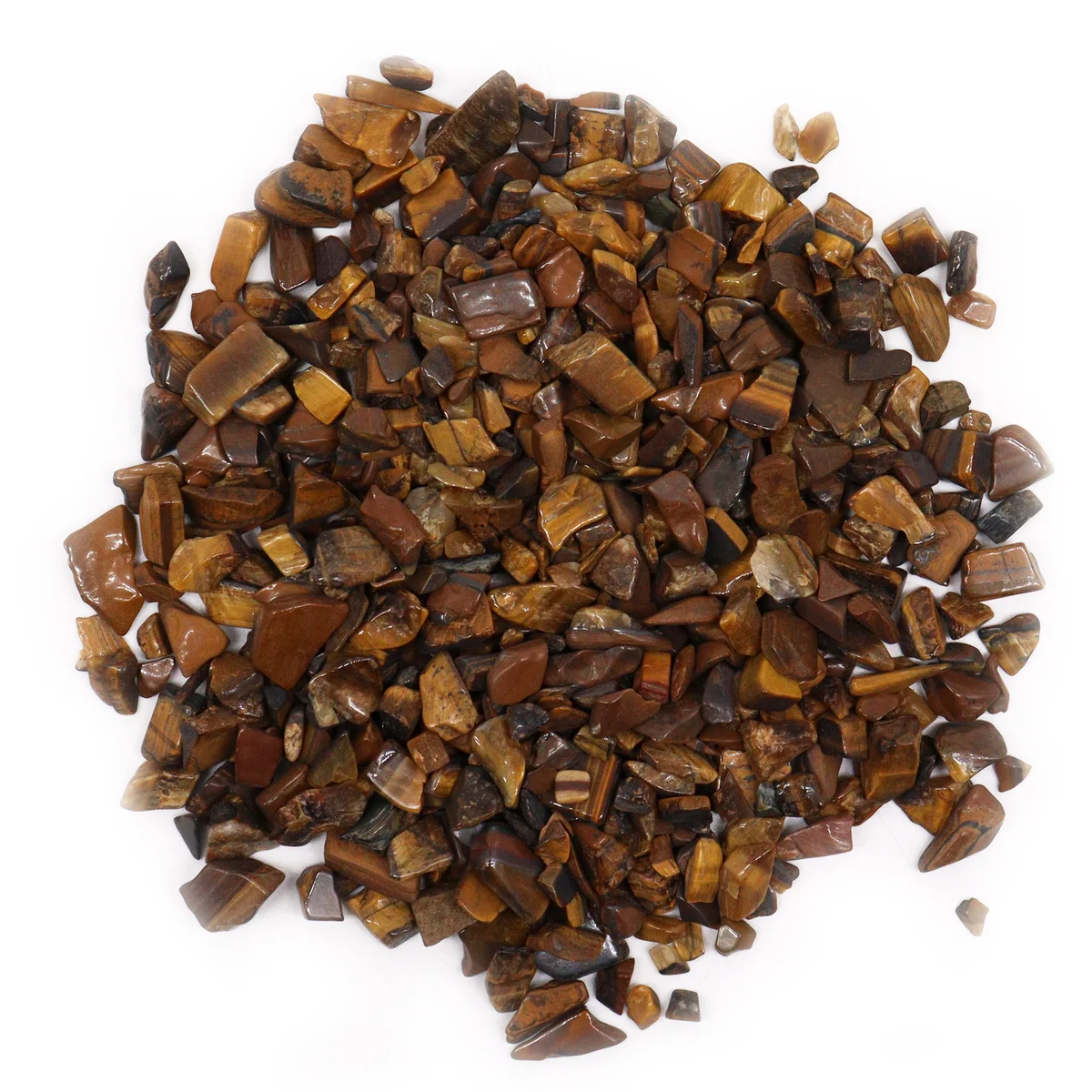 Close-up of natural tiger eye stones in small chip form, bulk 1KG pile showing brown and gold hues