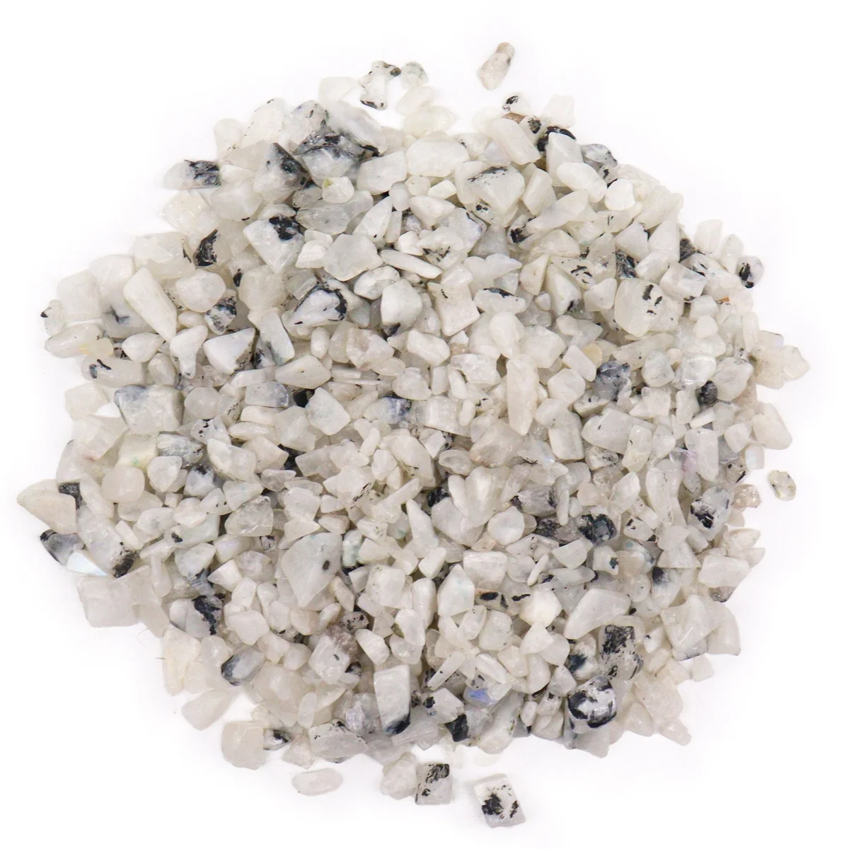 Bulk 1kg of colorful rainbow moon gemstone chips scattered on a white background for crafts and decoration