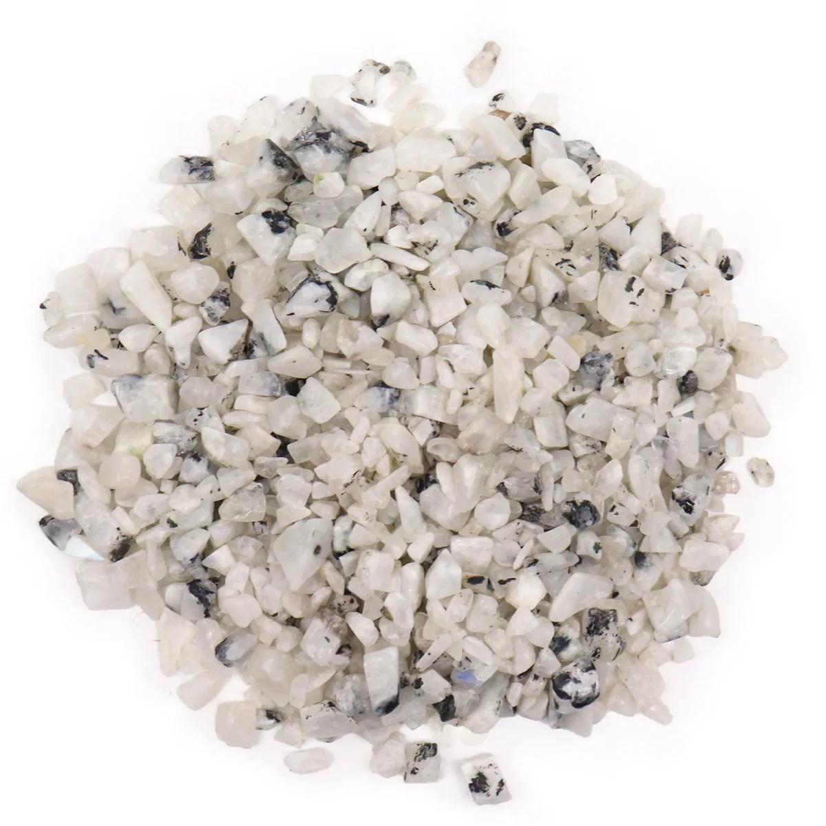 Bulk gemstone chips in vibrant rainbow moonstone colors, weighing 1KG, scattered on a white background