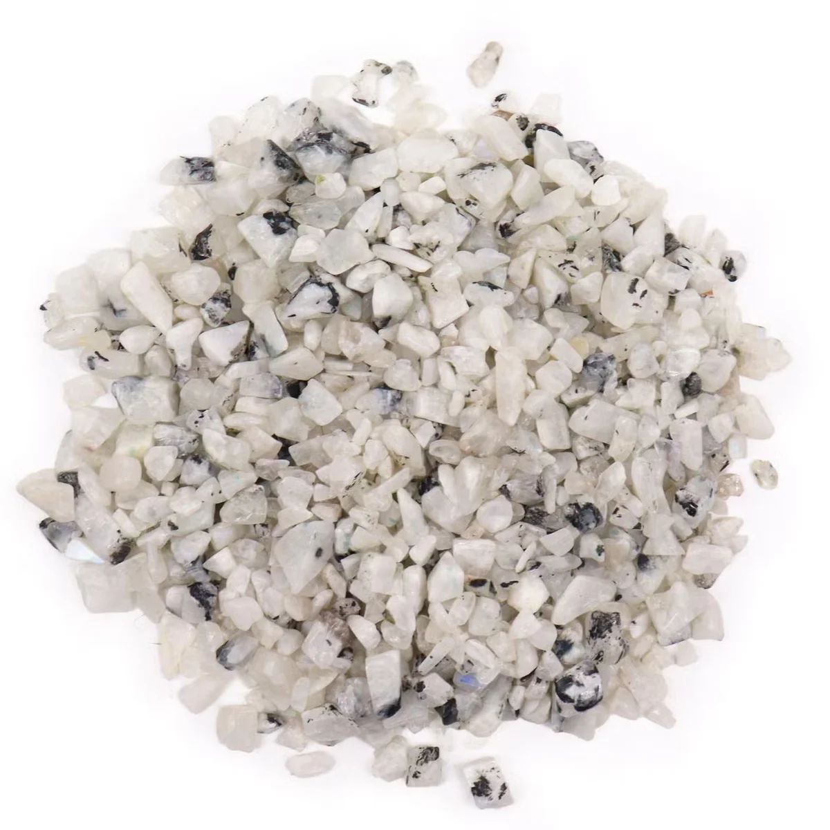 Close-up of colourful decorative gemstone chips in bulk, showcasing vibrant rainbow moon chips, 1KG package.